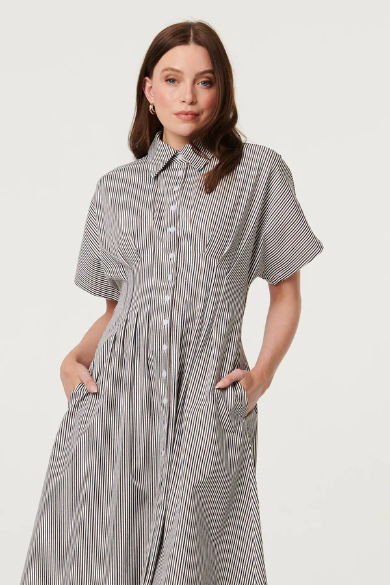 Stella Morgan tan and black Pinstripe shirt dress with pockets
