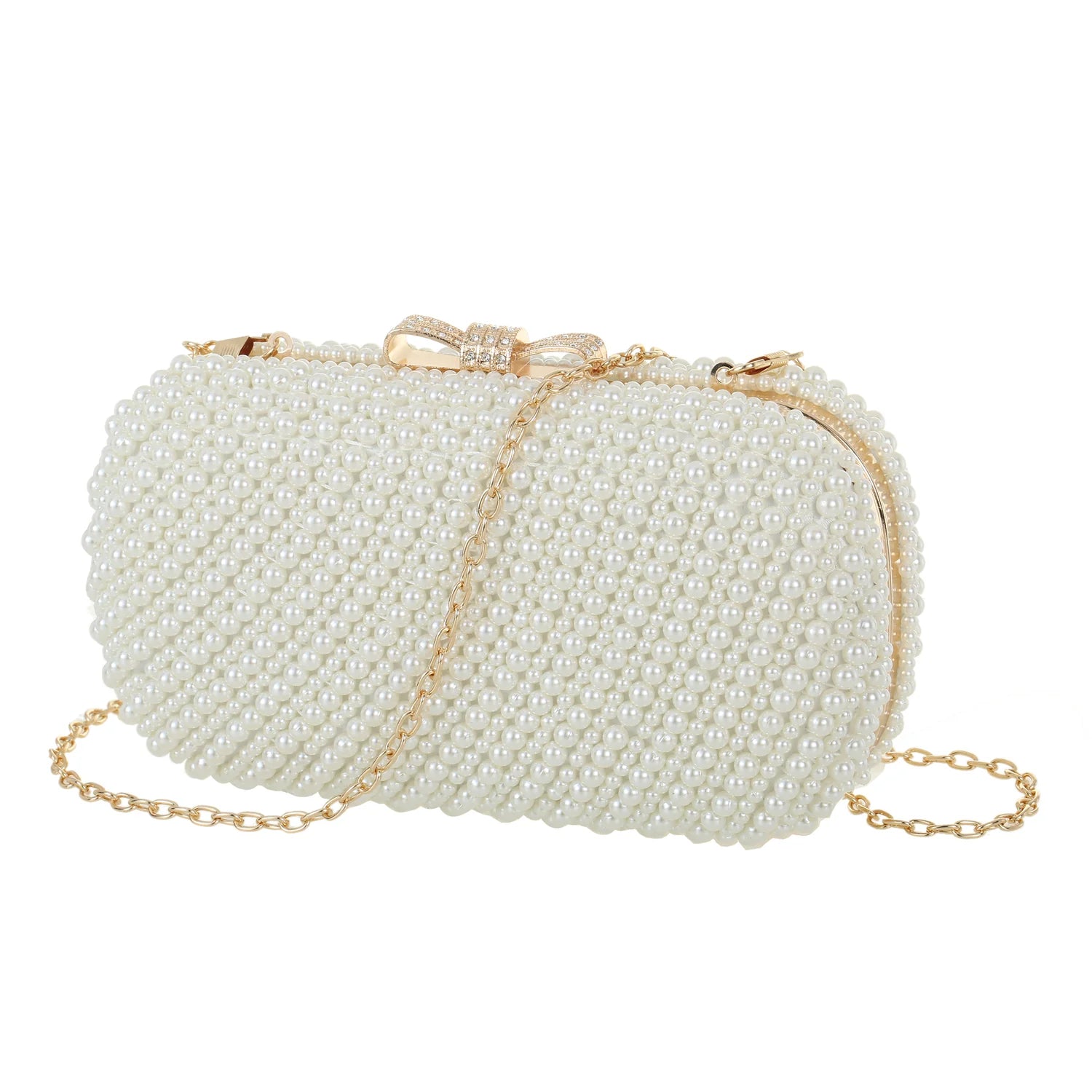 Pearl Bow clutch bag with gold hardware