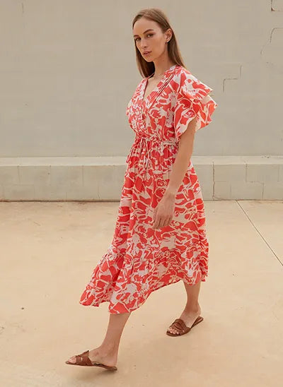 Scorzzo V Neck Dress with Drawstring Waist and Frill Sleeve 124302