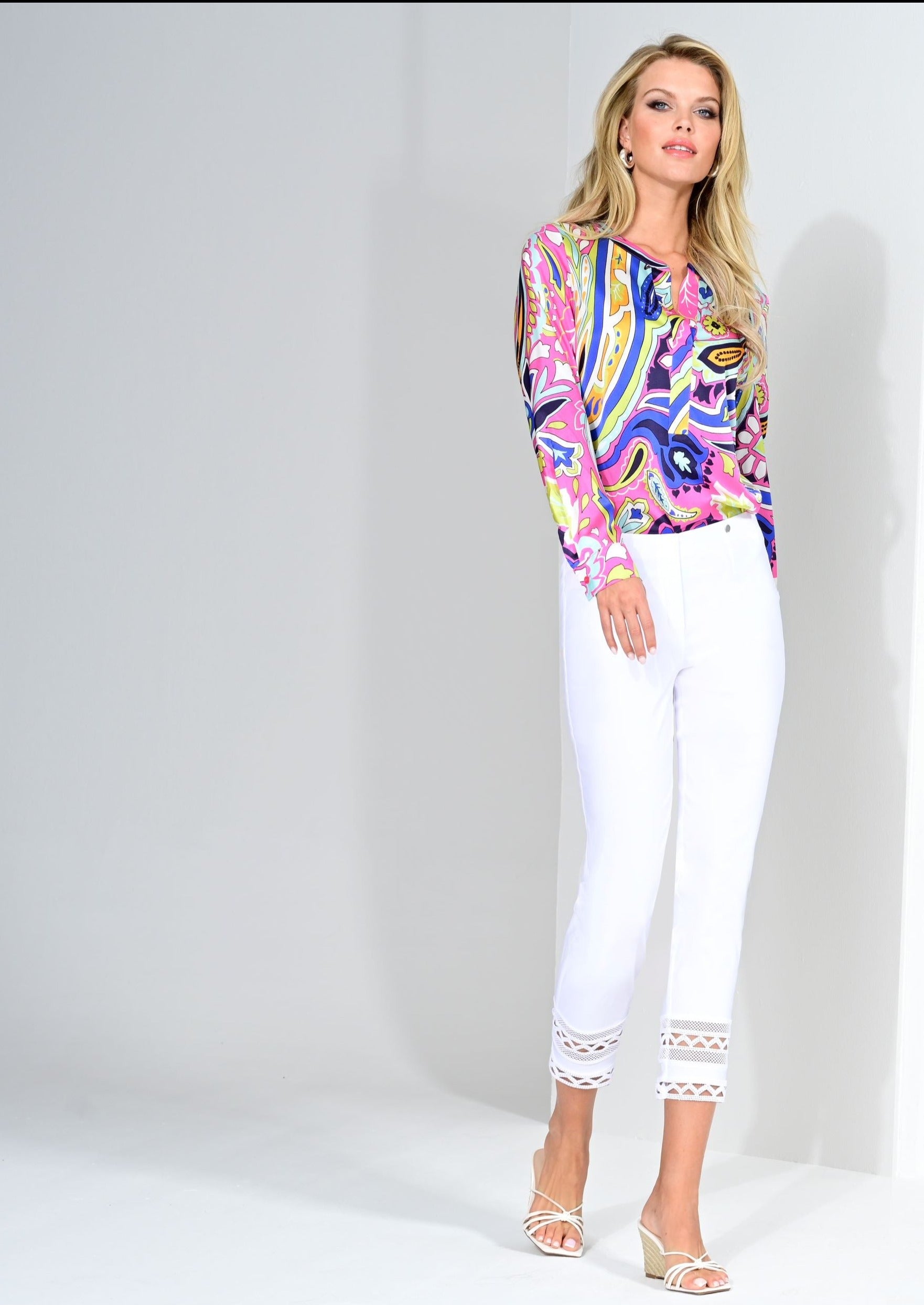 Robell Pull on stretch trousers with crochet Hem Detail Black or White 53489