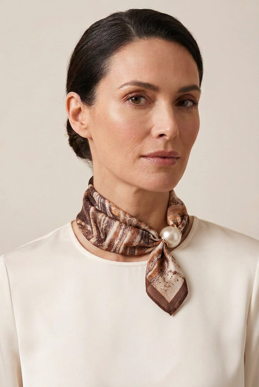 Brown Marble Print Scarf with Pearl Magnetic clasp