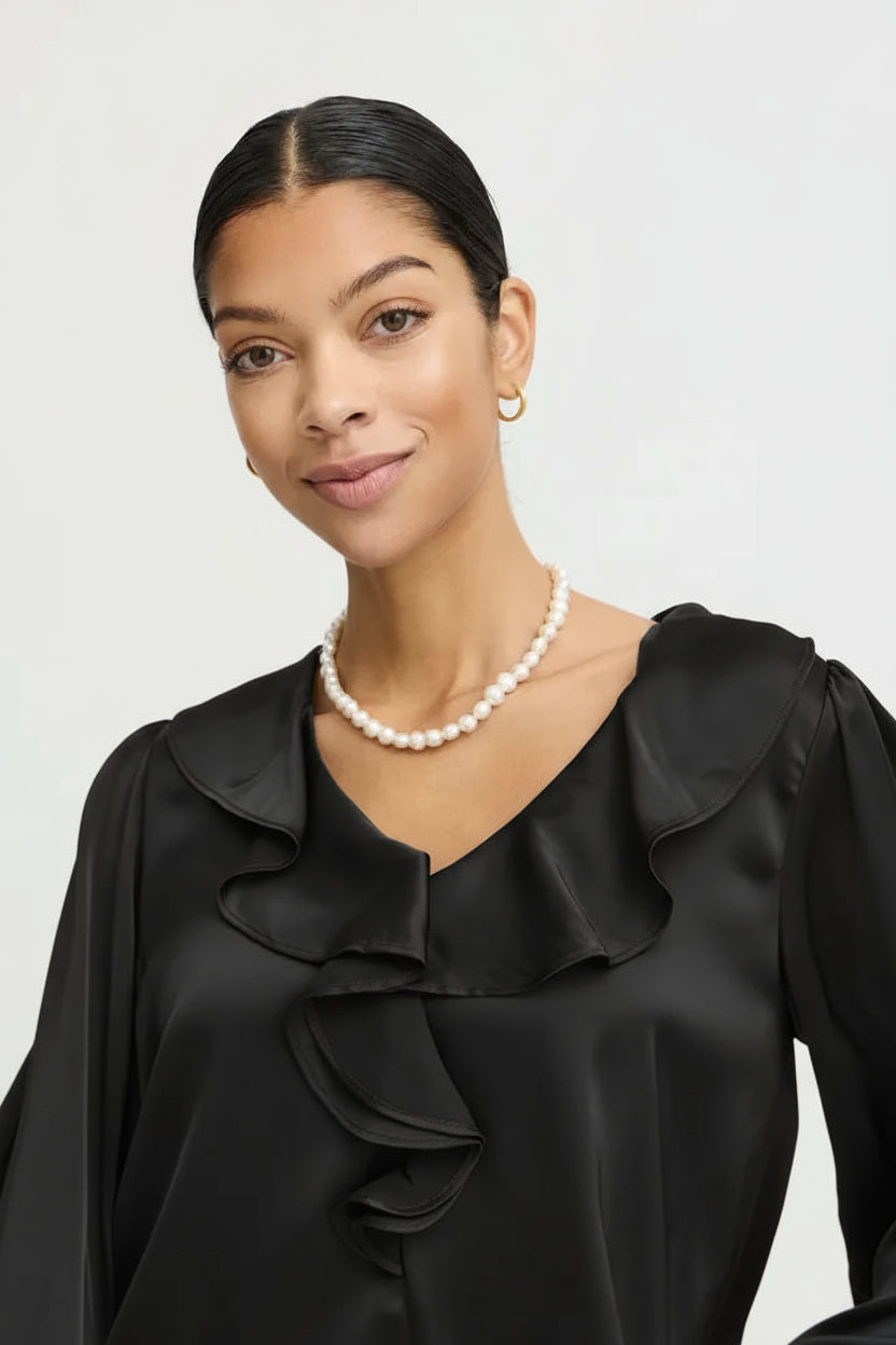 Byoung Satin V Neck Blouse with frill detail in Black or Fudge 20815848