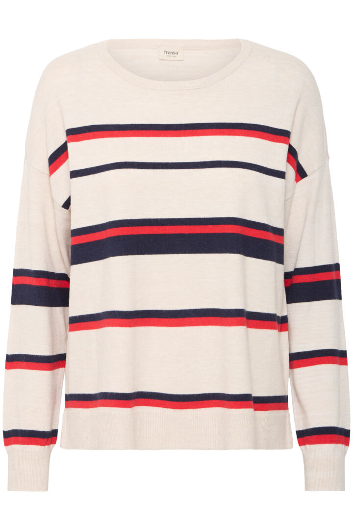 Fransa fine Round neck jumper with navy and red stripe 20616067