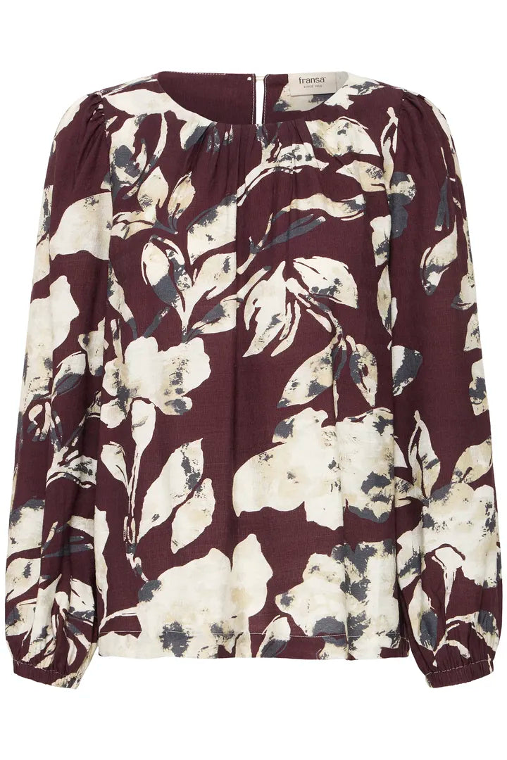 Fransa Vintage Print round neck blouse in Black or Fudge print 20617195