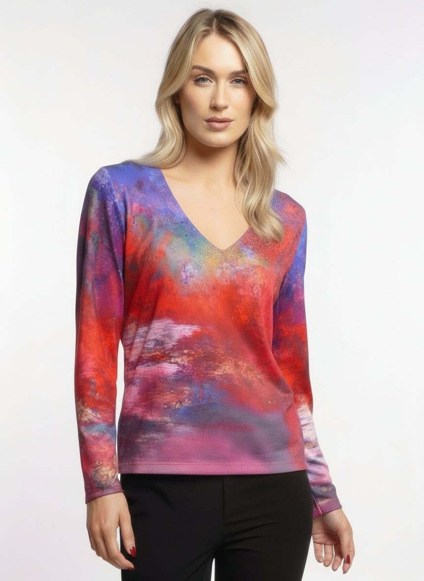 Libra v neck abstract print top with gem stone detail Lt1942