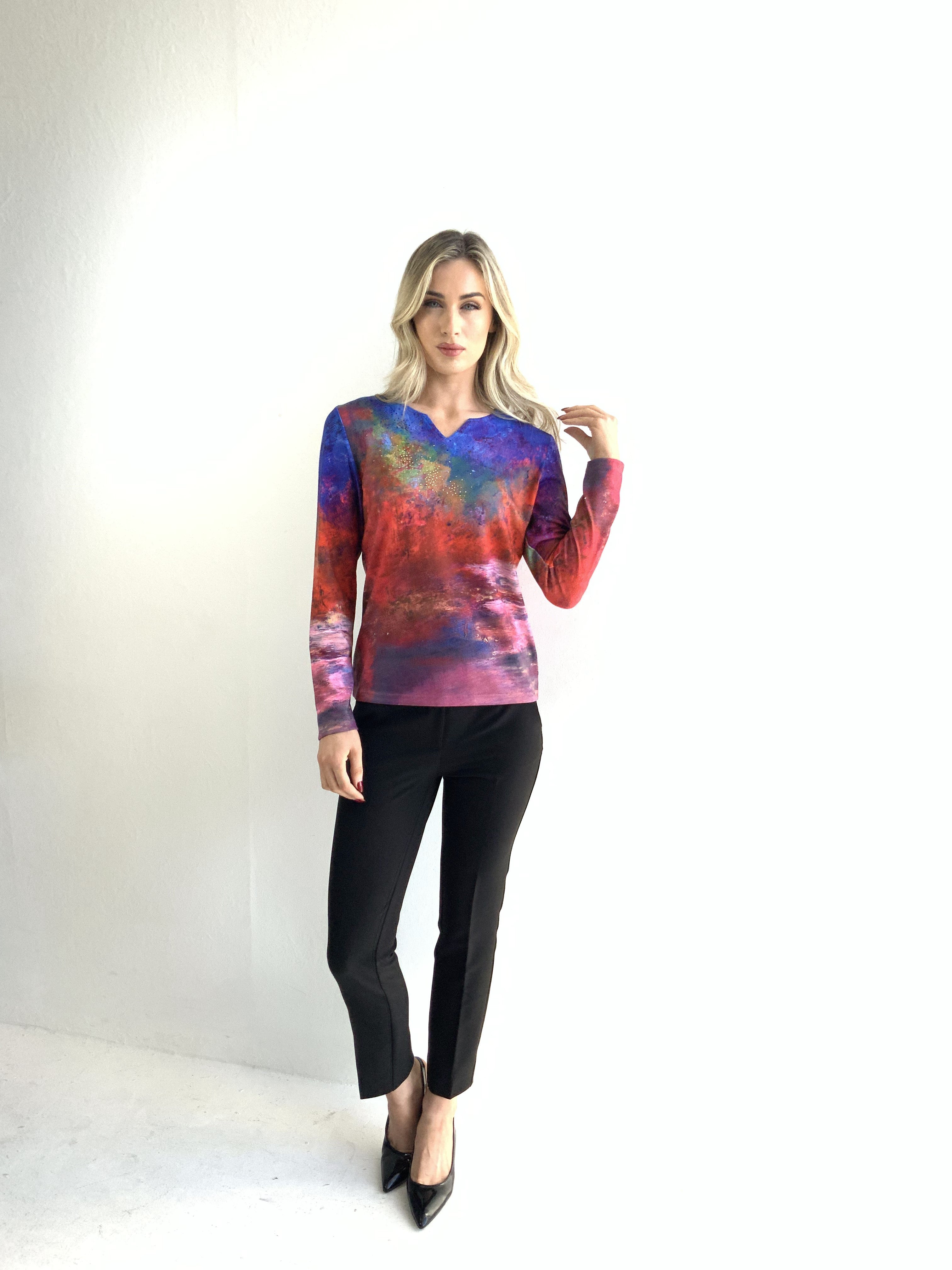 Libra v neck abstract print top with gem stone detail Lt1942