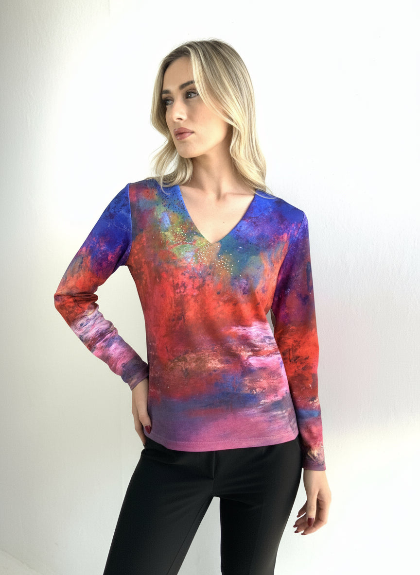 Libra v neck abstract print top with gem stone detail Lt1942