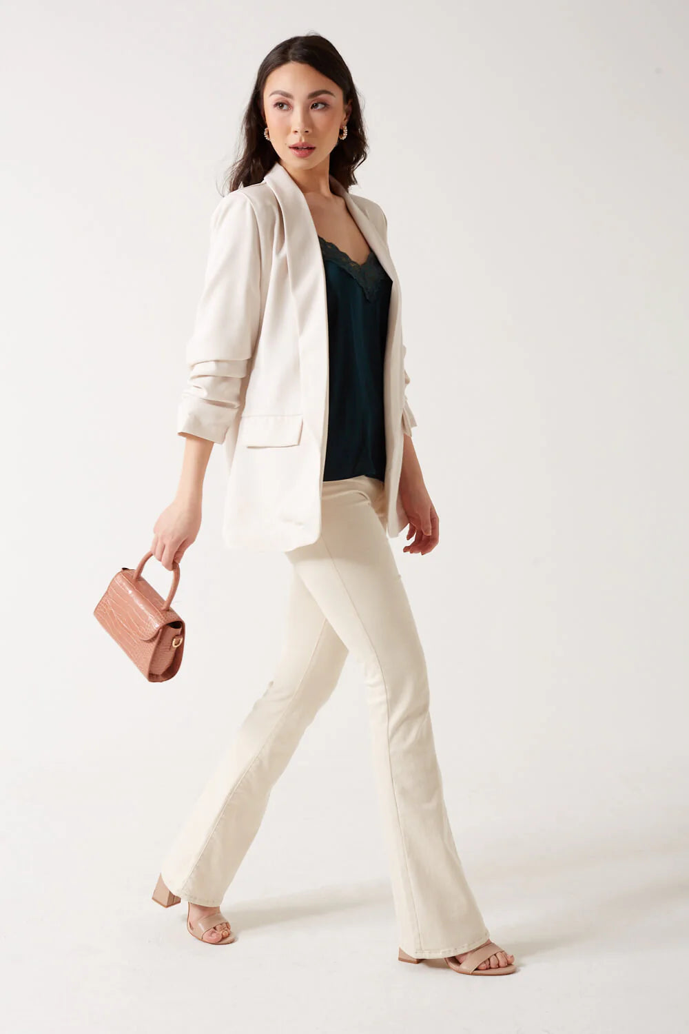 Marc Angelo Ruched Sleeve Open Blazer in Beige 6078