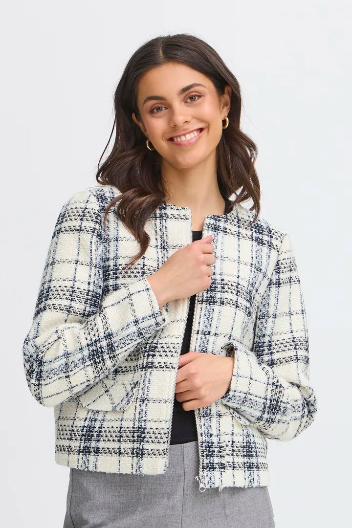 Fransa Cream with navy check bouclé jacket 20615883