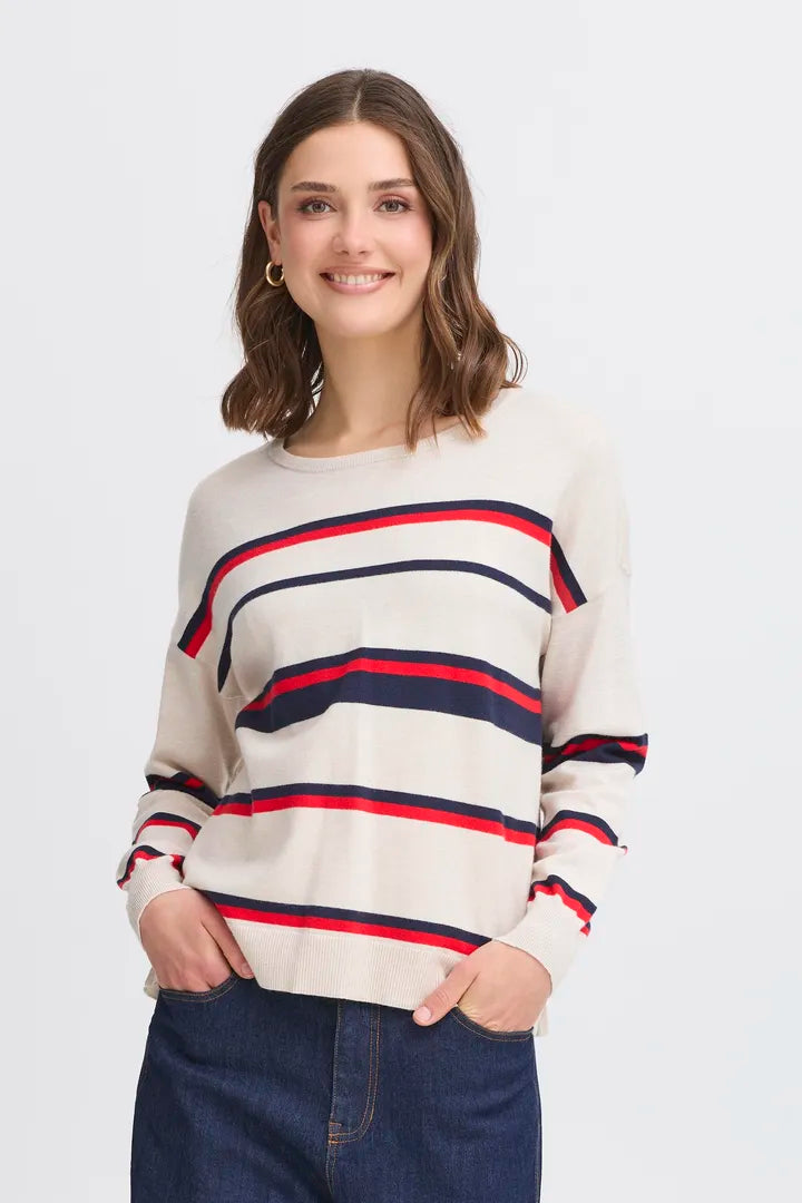 Fransa fine Round neck jumper with navy and red stripe 20616067