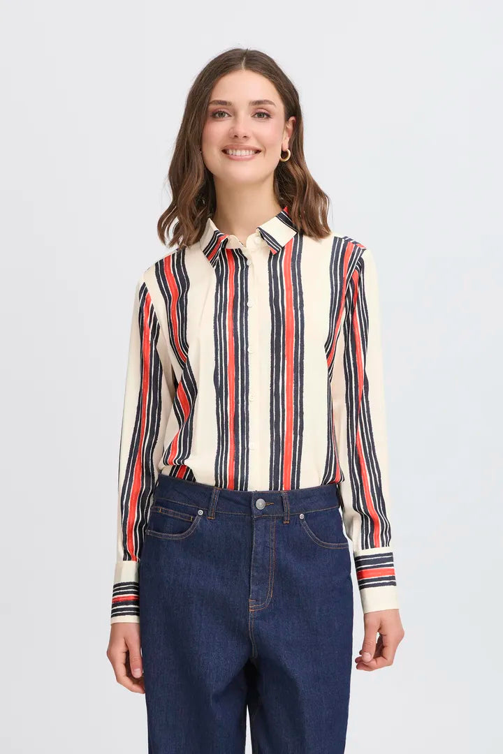Fransa Vertical stripe blouse in Cream red and navy 20616080