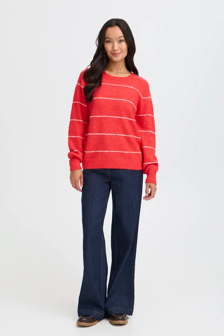 Fransa Round Neck Long Sleeve jumper in Chilli Red with white stripe 20615961