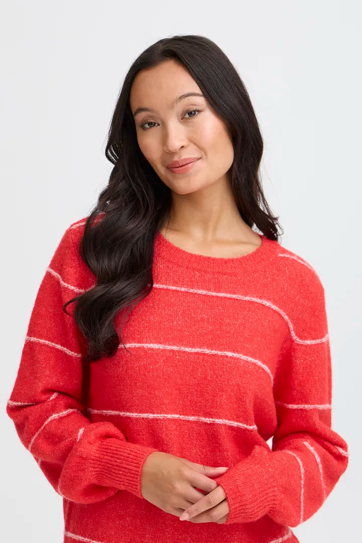 Fransa Round Neck Long Sleeve jumper in Chilli Red with white stripe 20615961