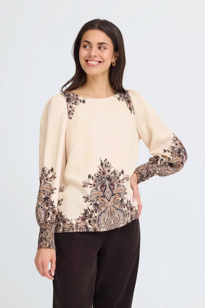 Fransa Baroque print blouse in Black or cream 20617327