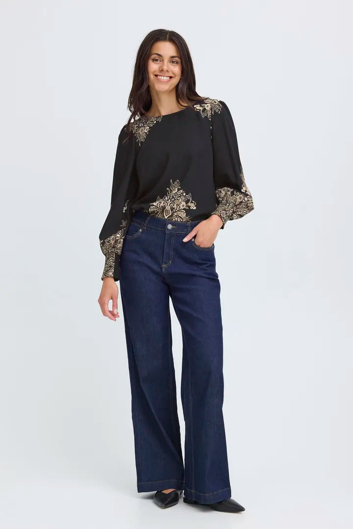 Fransa Baroque print blouse in Black or cream 20617327