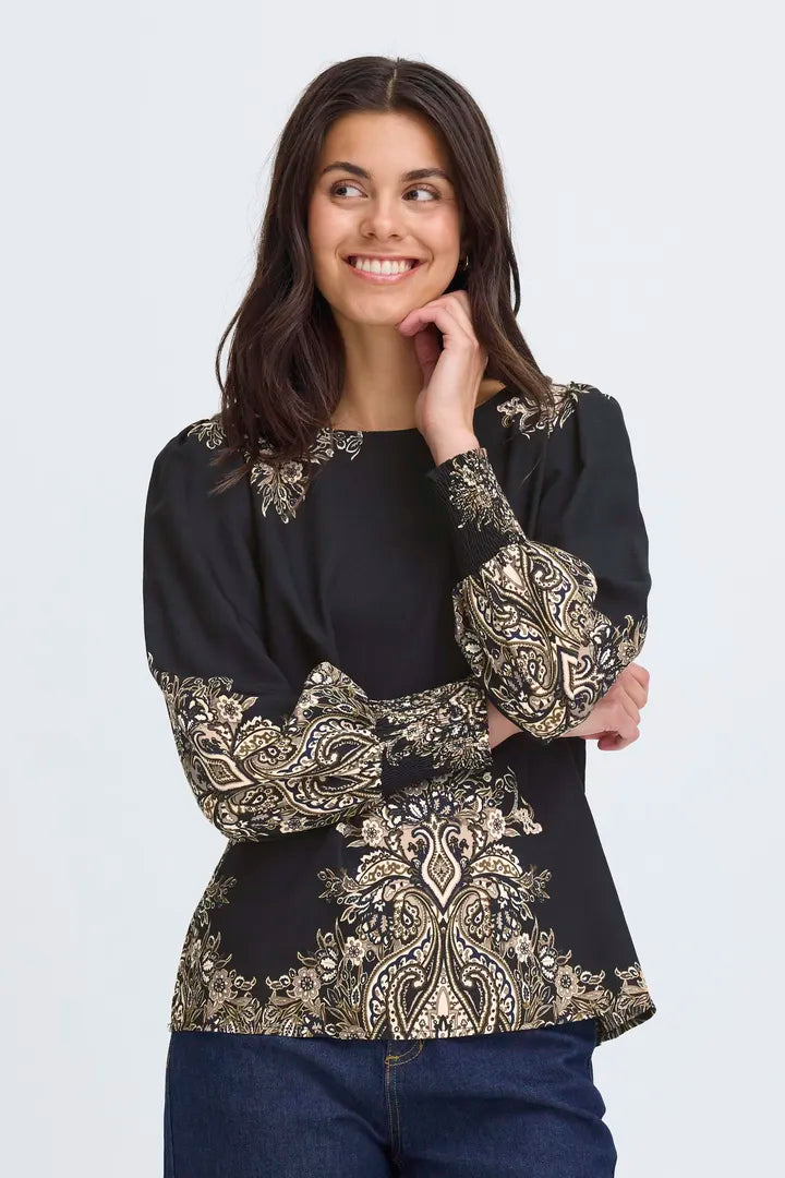 Fransa Baroque print blouse in Black or cream 20617327