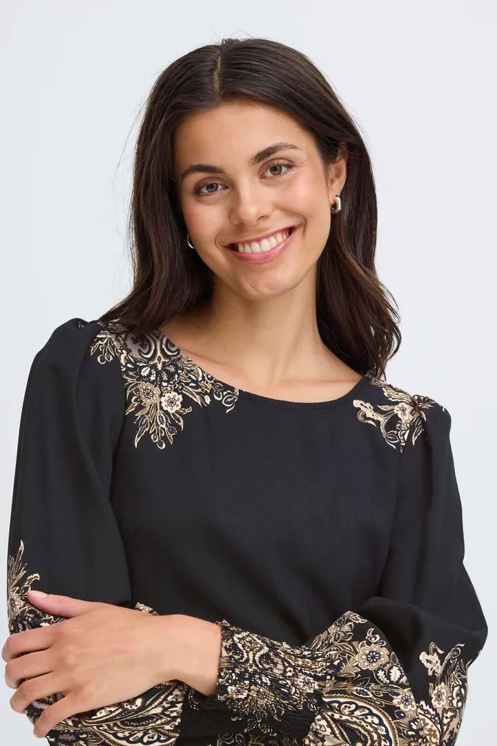 Fransa Baroque print blouse in Black or cream 20617327