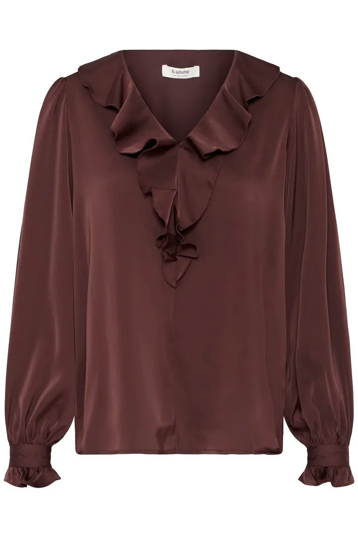Byoung Satin V Neck Blouse with frill detail in Black or Fudge 20815848
