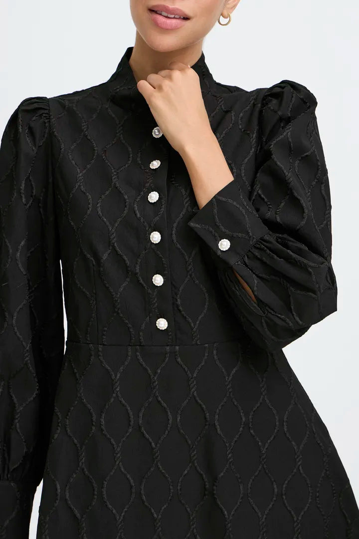 Byoung Ripple Dress with pearl and crystal buttons in True black