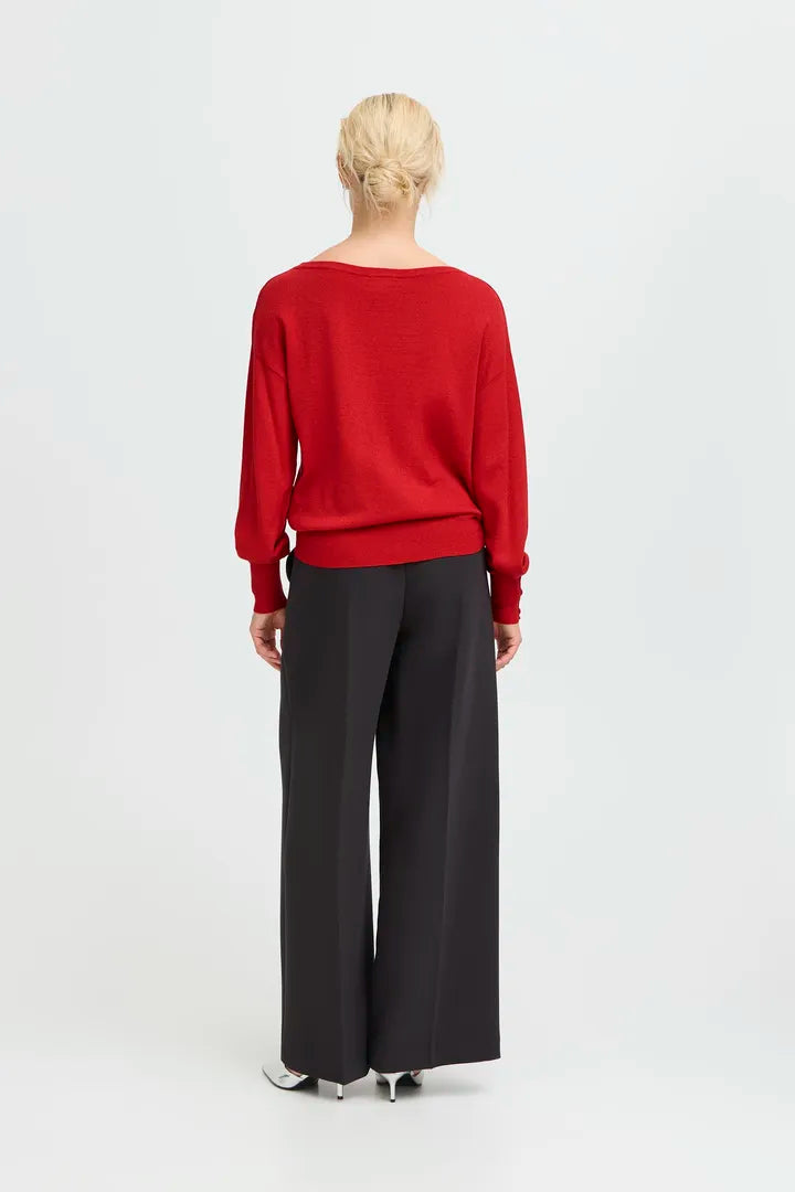 Byoung round neck Shimmer knit with button detail cuffs in Red or Black