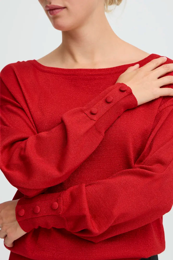 Byoung round neck Shimmer knit with button detail cuffs in Red or Black