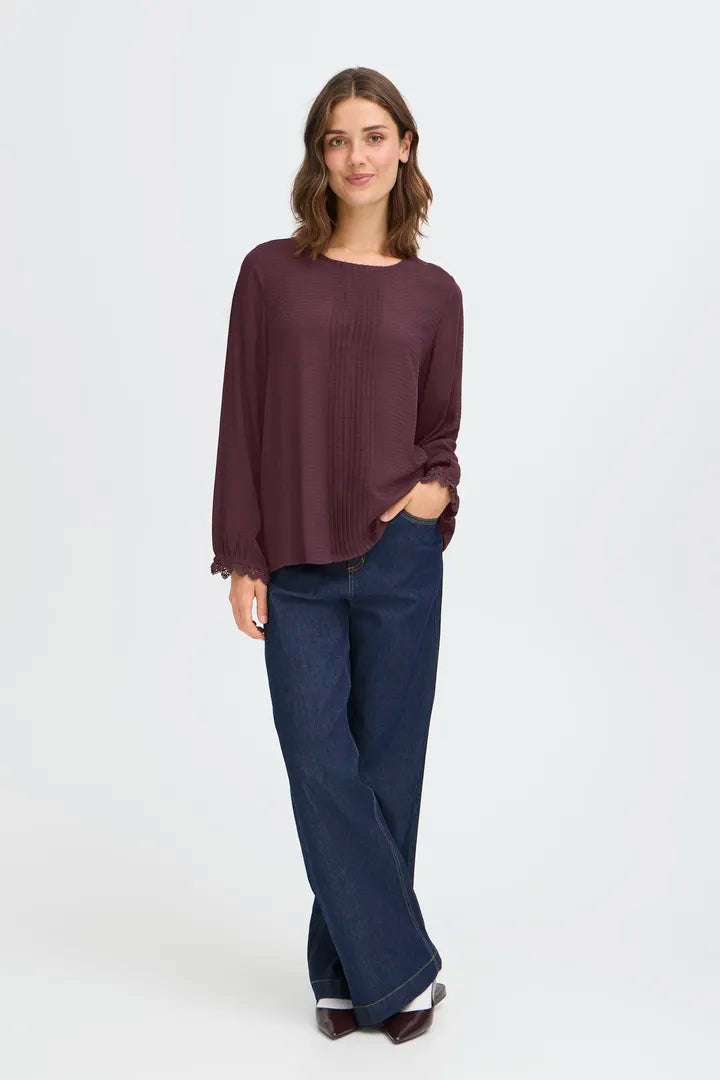 Fransa Roundneck blouse with lace cuff detail in Fudge or Black 20617375