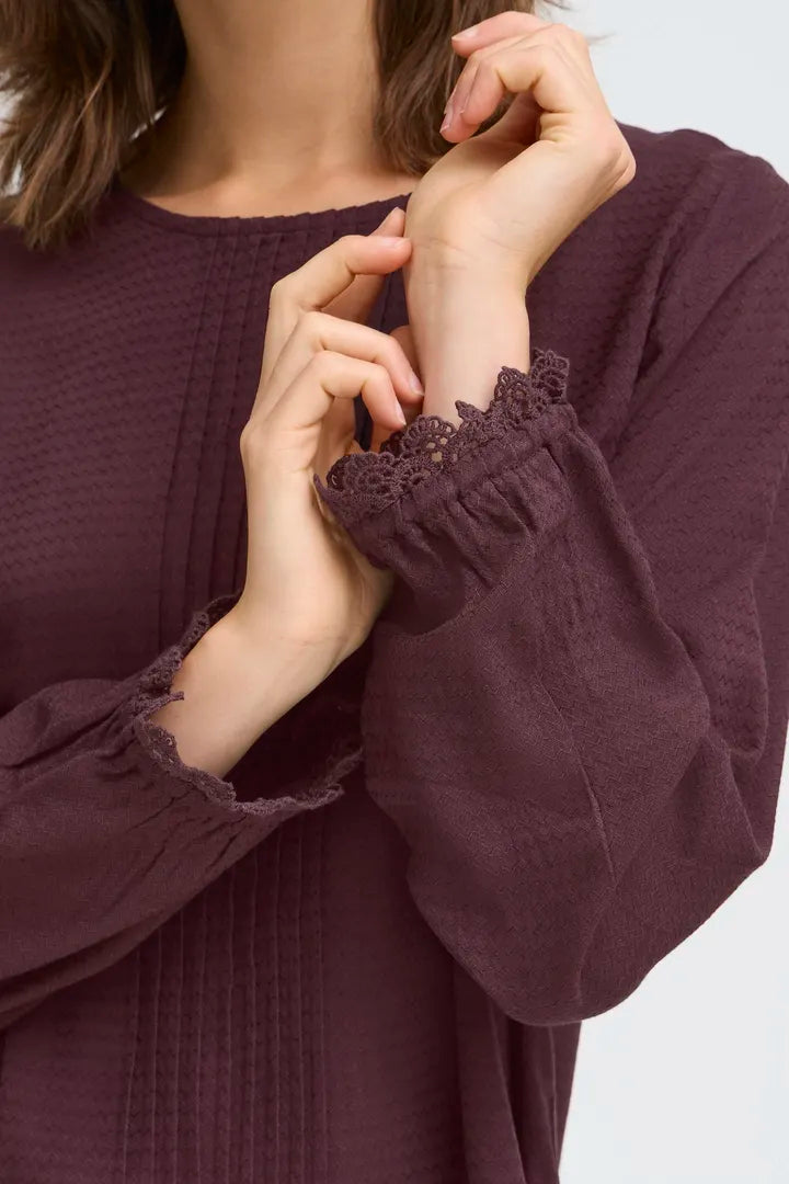 Fransa Roundneck blouse with lace cuff detail in Fudge or Black 20617375
