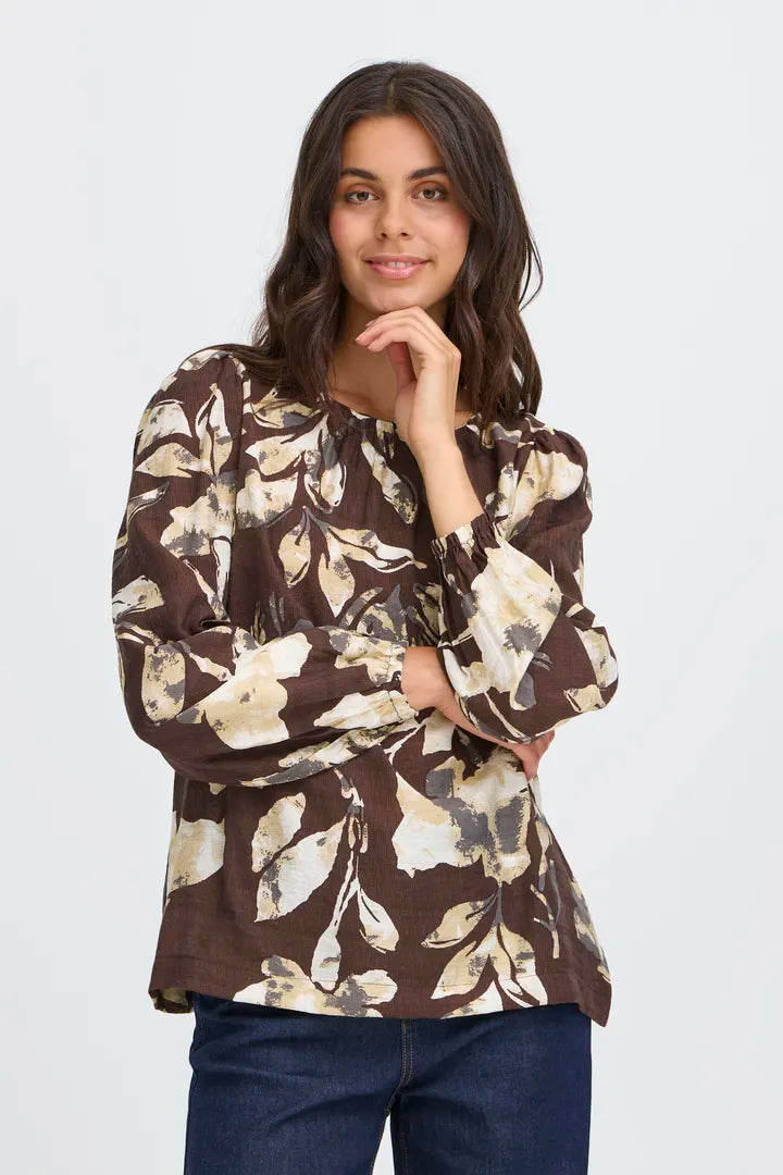 Fransa Vintage Print round neck blouse in Black or Fudge print 20617195