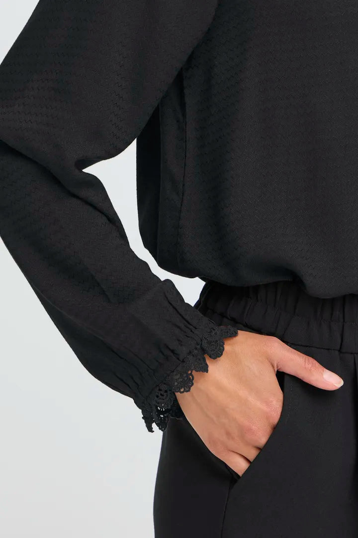 Fransa Roundneck blouse with lace cuff detail in Fudge or Black 20617375