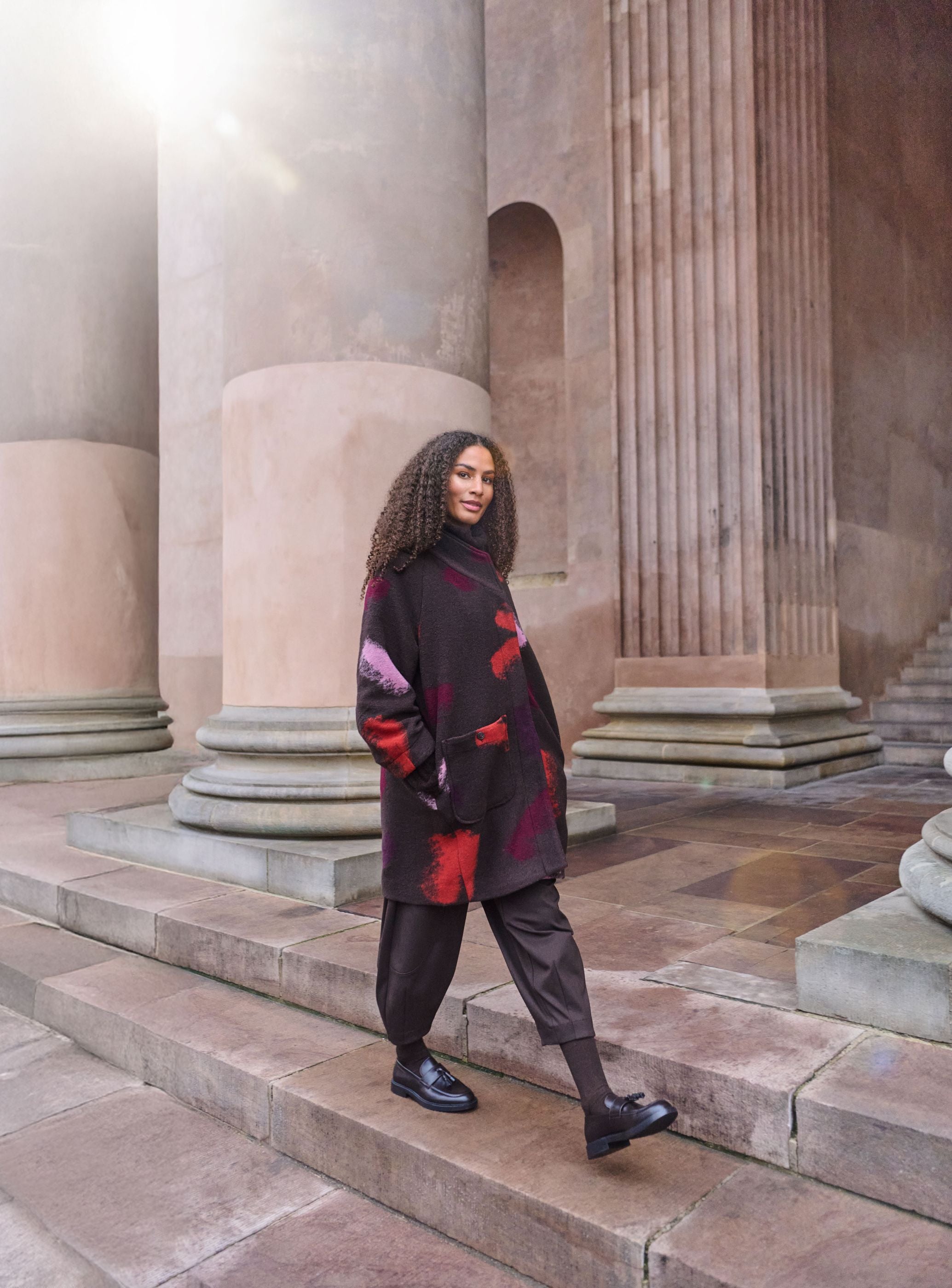 Noen Abstract print Wool Coat in Brown and Rose Print 87210