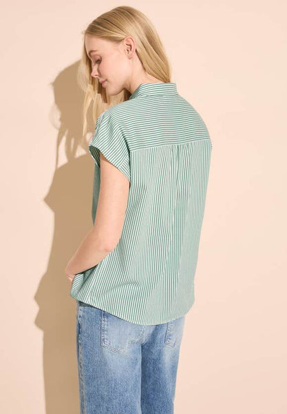Street One Seersucker shirt with crochet shoulder detail  in Green and White stripe 344748