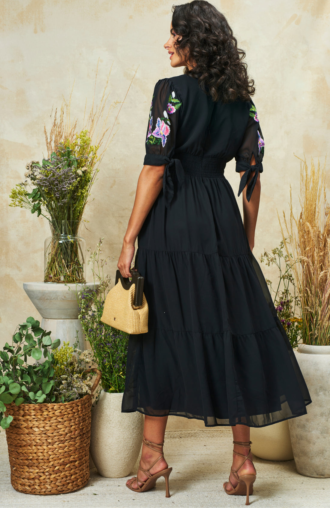 Hope & Ivy April Black embroidered V-Neck Midi Dress With Tiered Skirt