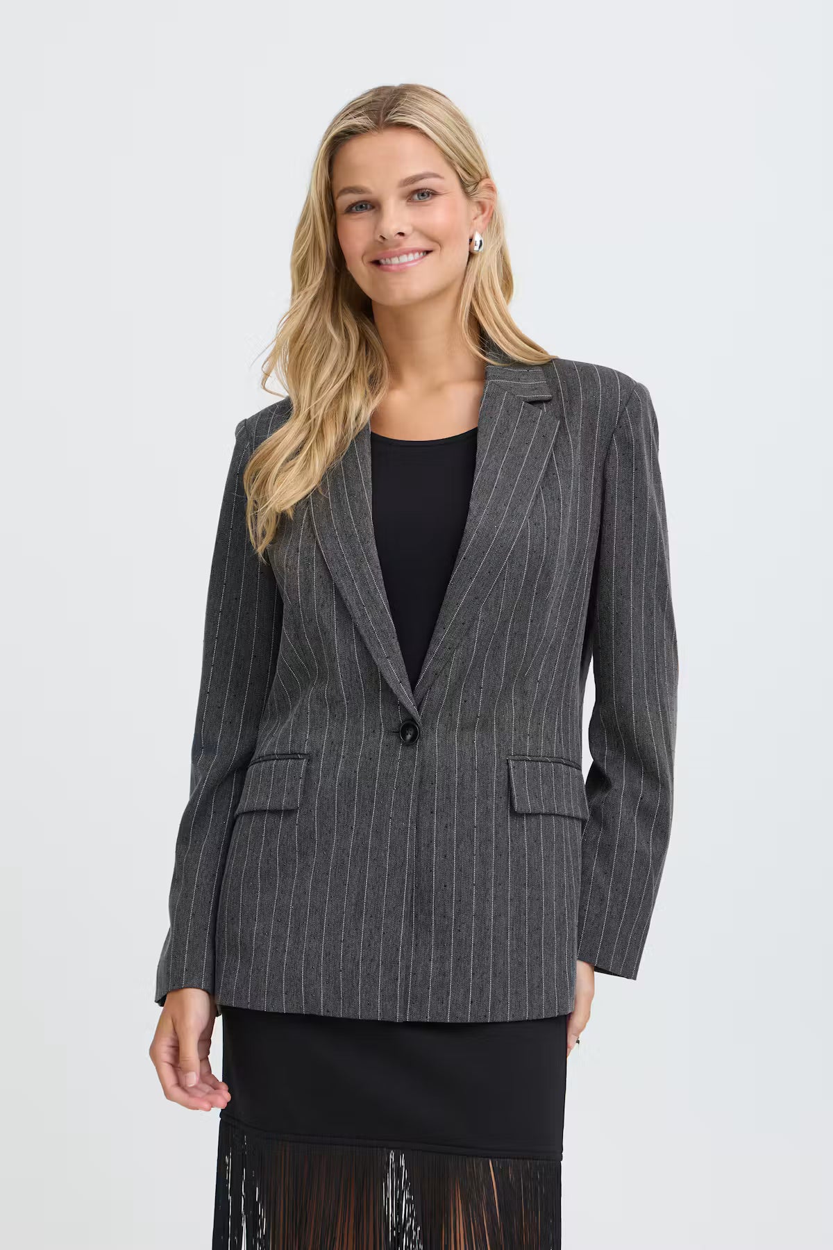 Fransa Stud-Embellished Pinstripe Blazer in Grey