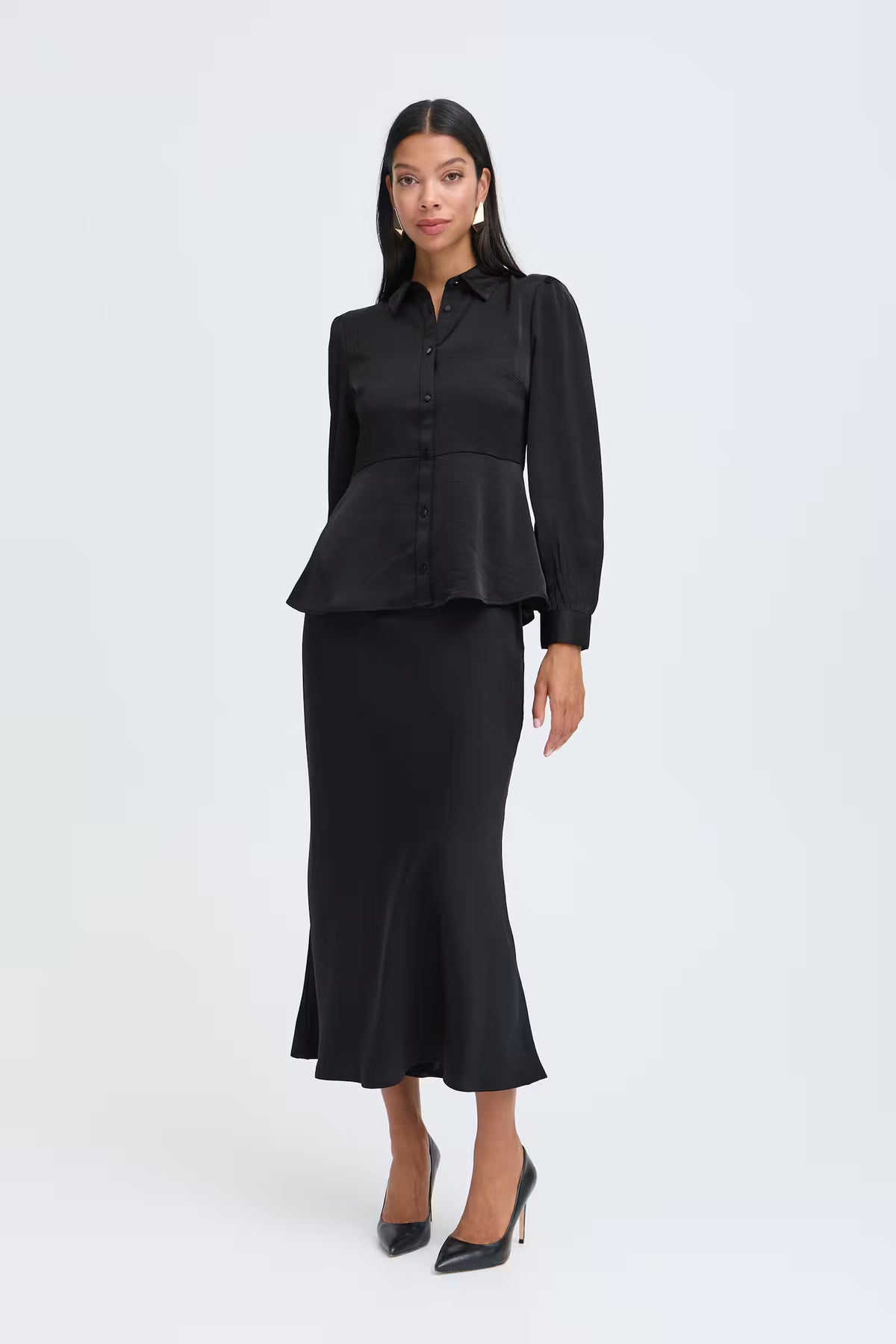 Byoung Satin Peplum Shirt with Long Sleeves