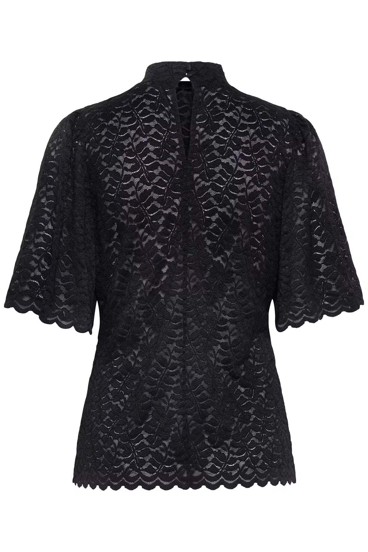 Fransa Black High neck Lace top with short sleeves 20618436