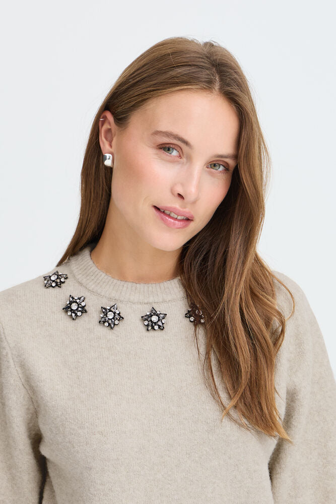 Byoung Short-Sleeve Knit with Jewelled Neckline