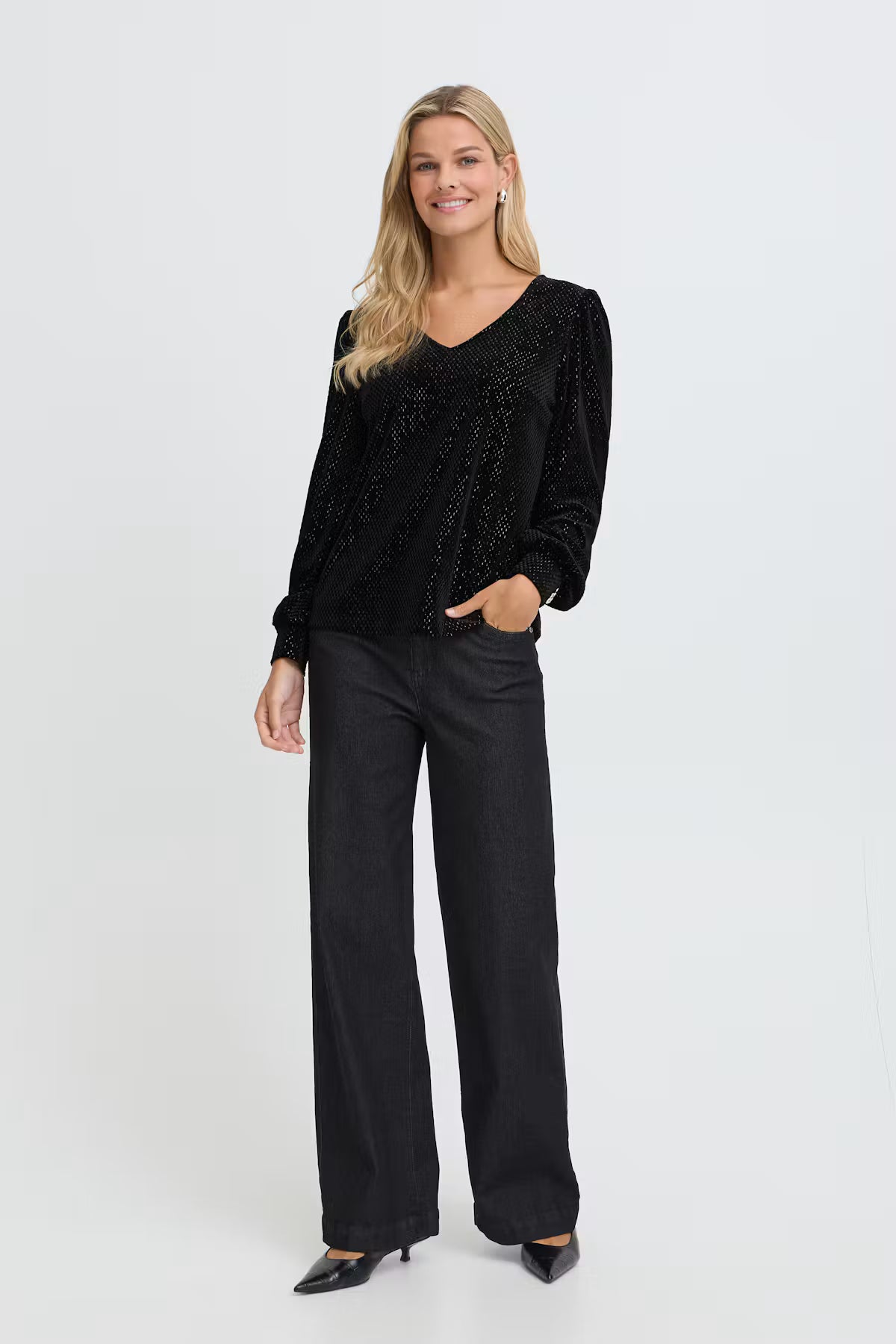 Fransa Koa Velvet V-Neck Top with Subtle Shimmer