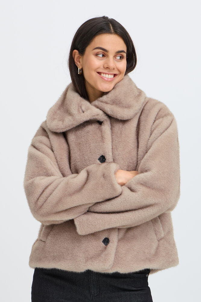 Fransa Doris Short Fur Jacket In Beige Driftwood or chocolate brown 20618549