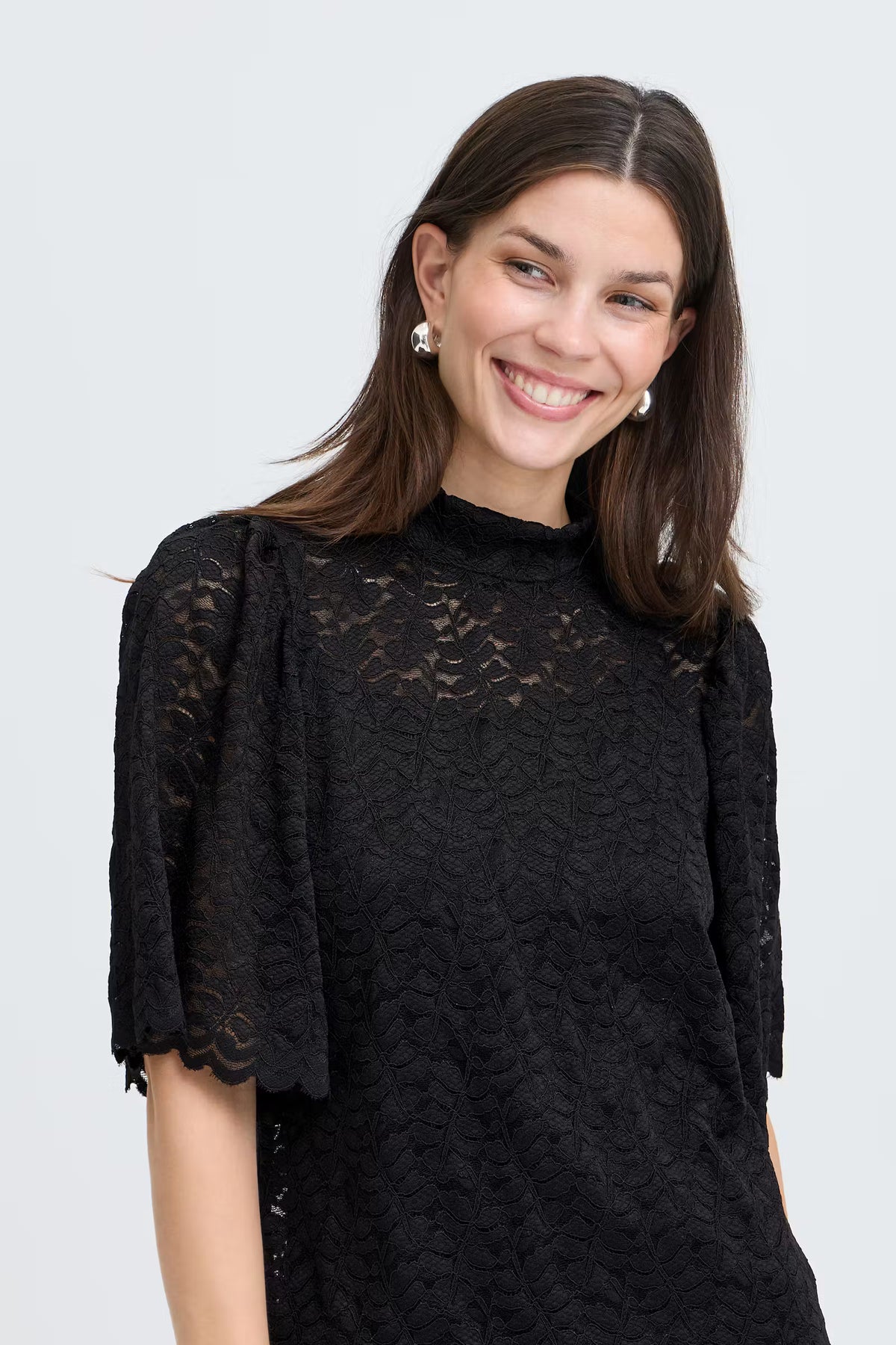 Fransa Black High neck Lace top with short sleeves 20618436