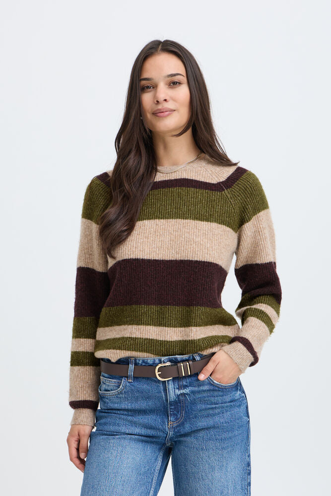 Byoung Round Neck Jumper in Avocado Green or Beige Stripe 20819114