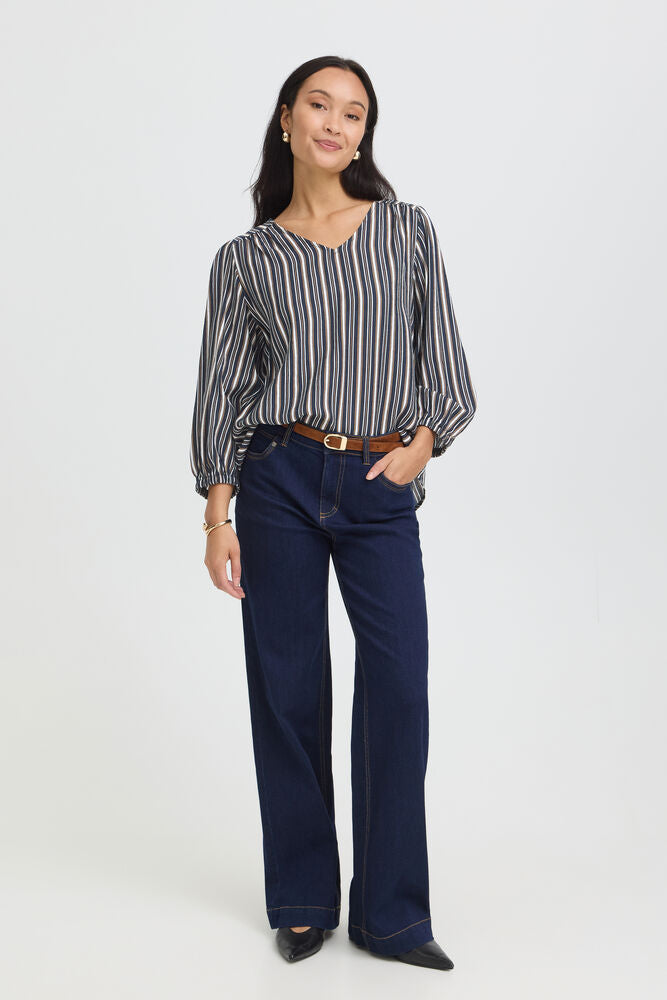 Fransa V Neck Blouse in Navy and Tan Stripe 20618028