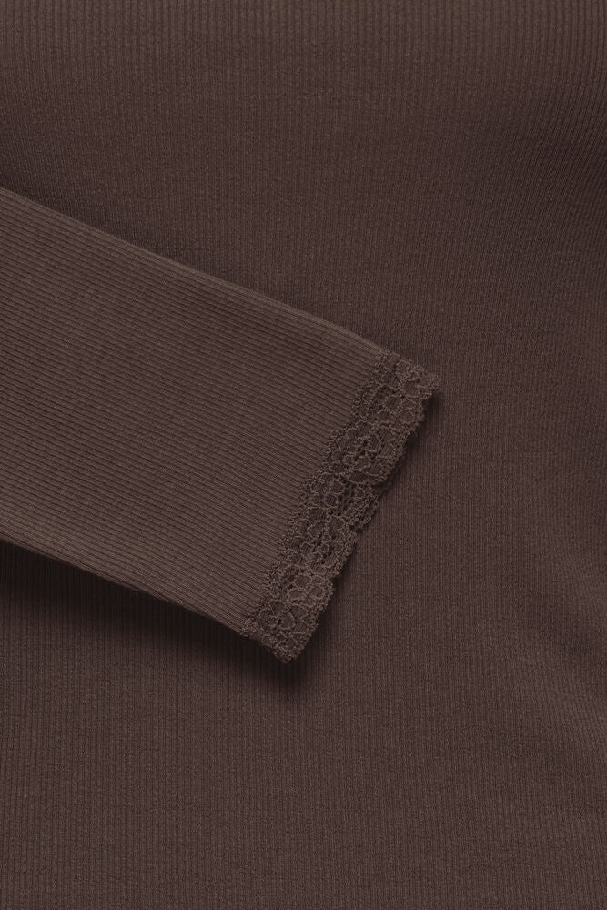 Fransa Ribbed long Sleeve Lace Edge top in Java Brown 20617415