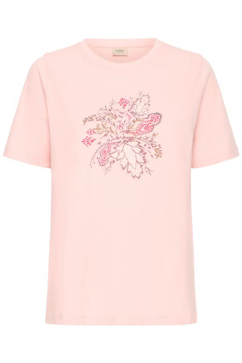 Fransa Cotton T shirt with Pink and Taupe Moif 20617656