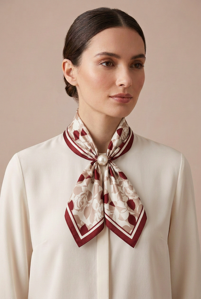 Silk Blend Scarf with Adjustable Pearl Clasp – Burgundy Floral