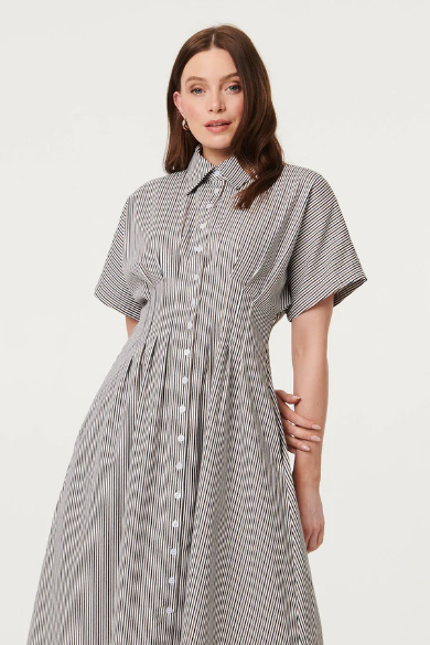 Stella Morgan tan and black Pinstripe shirt dress with pockets