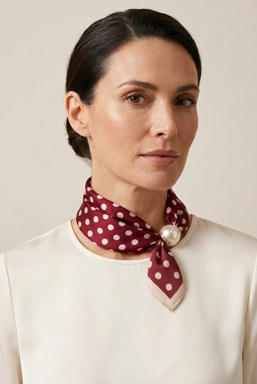 Burgundy and Pink Polka Dot scarf with Pearl Magnetic clasp