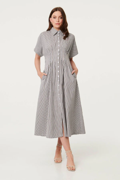 Stella Morgan tan and black Pinstripe shirt dress with pockets