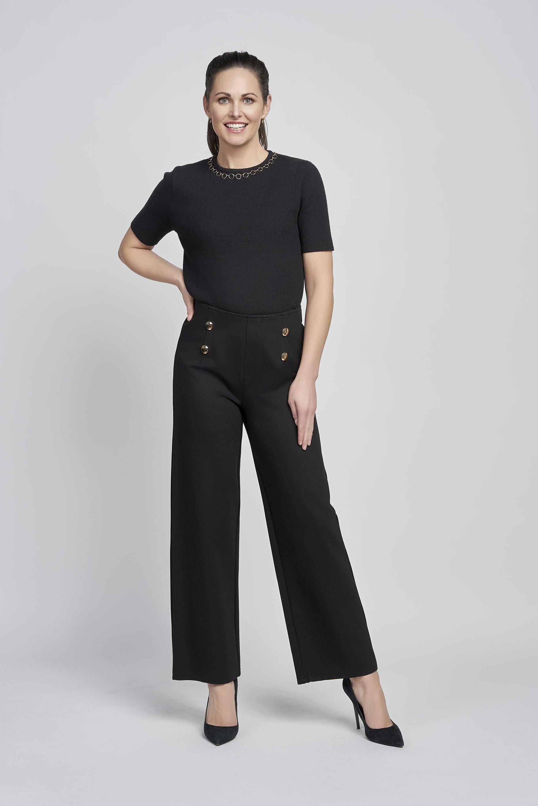 Pinns Wide leg Ponte Trouser with Button Detail. Black or navy 610T 2025