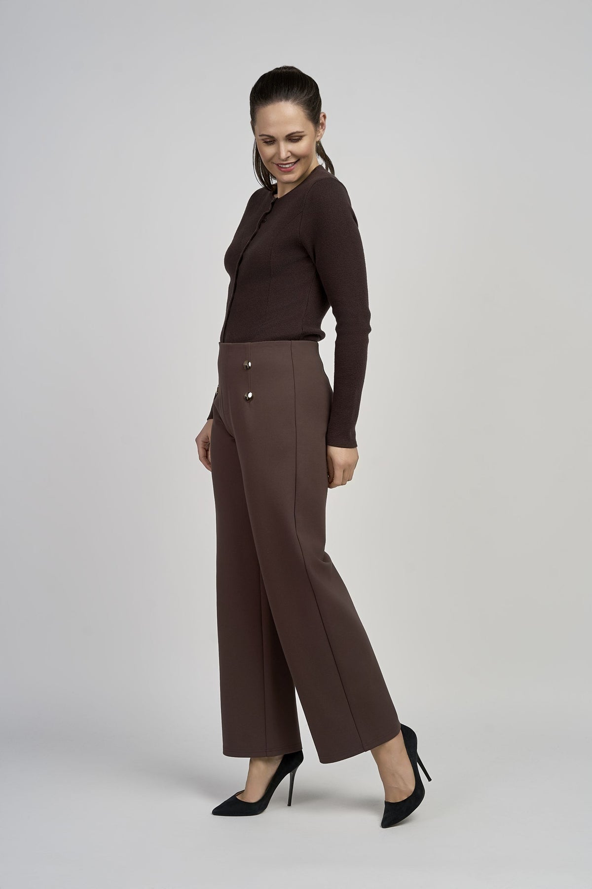Pinns Wide Leg Ponte Trousers with Button Detail | 610T