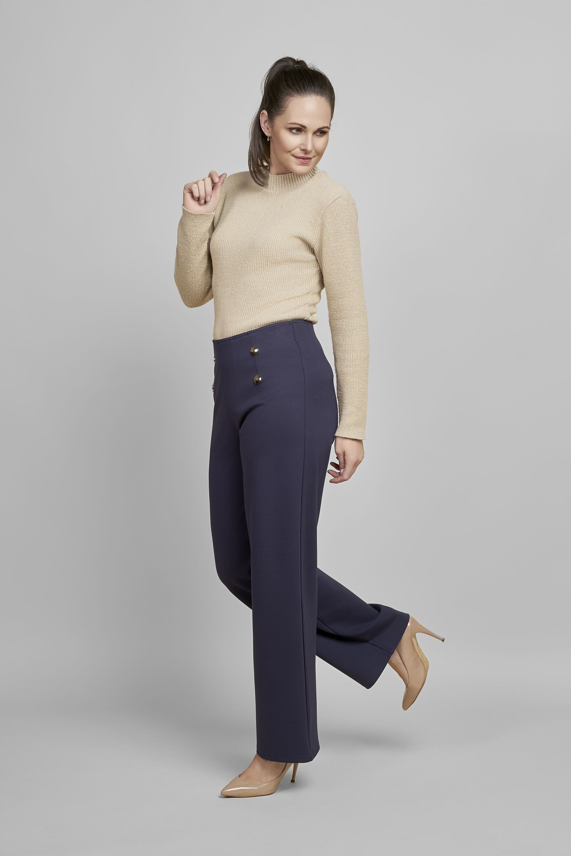 Pinns Wide leg Ponte Trouser with Button Detail. Black or navy 610T 2025
